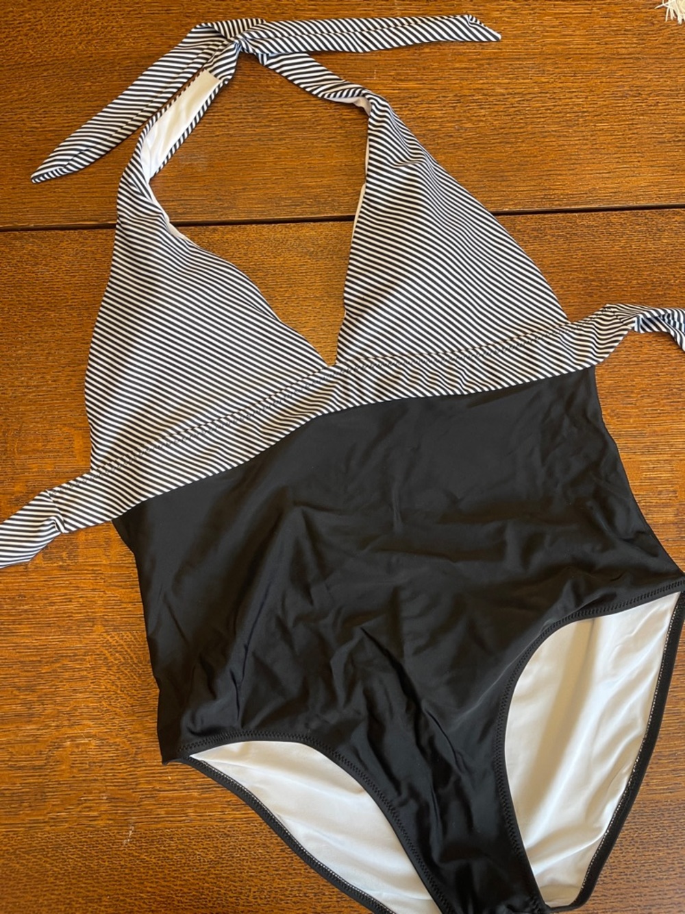 Striped Halter One-Piece Swimsuit - Black, White